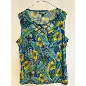 Roz & Ali Womens Tropical Hibiscus Floral Lattice Neck Sleeveless Tank